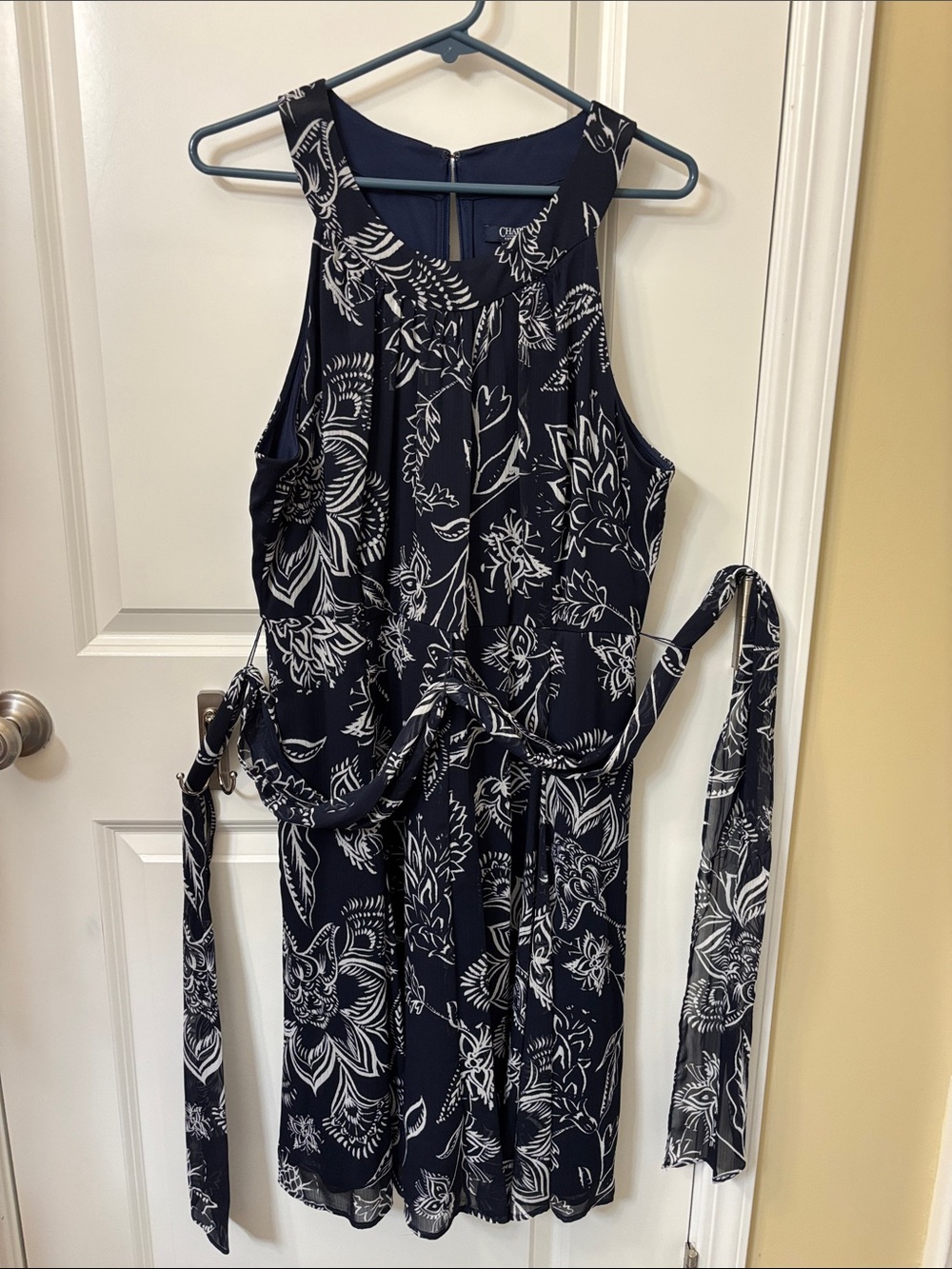 Chaps Navy and White Floral Midi Dress with Waist Tie